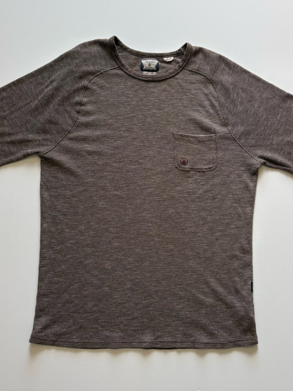 Volcom Thermal Waffle Knit Shirt Mens XL Crewneck Pocket Heathered Brown
